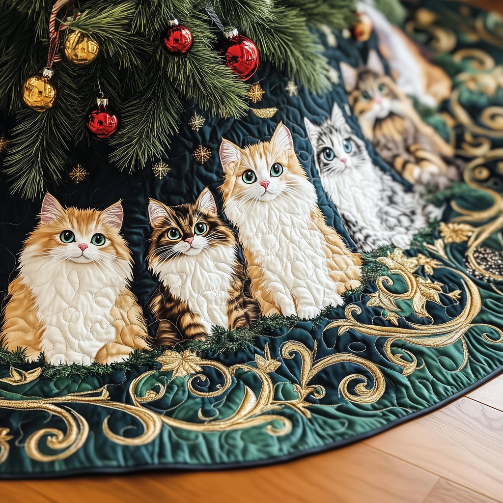 Cats on the Emerald Filigree Christmas Tree Skirt