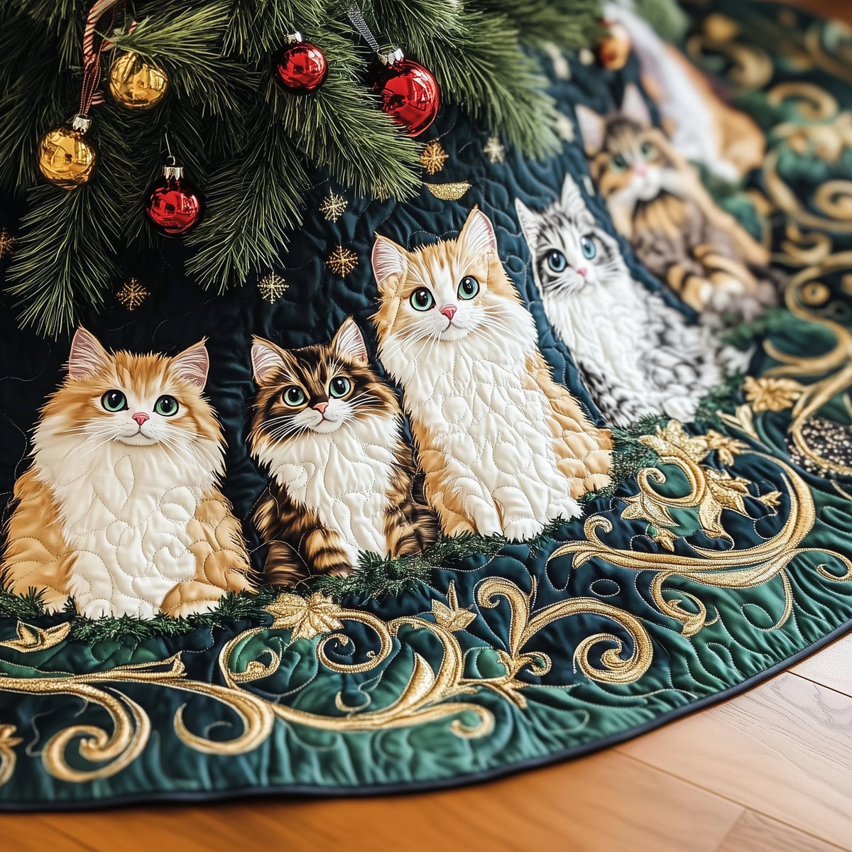 Cats on the Emerald Filigree Christmas Tree Skirt