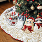 Cats in Red Bows on Snow White Christmas Tree Skirt
