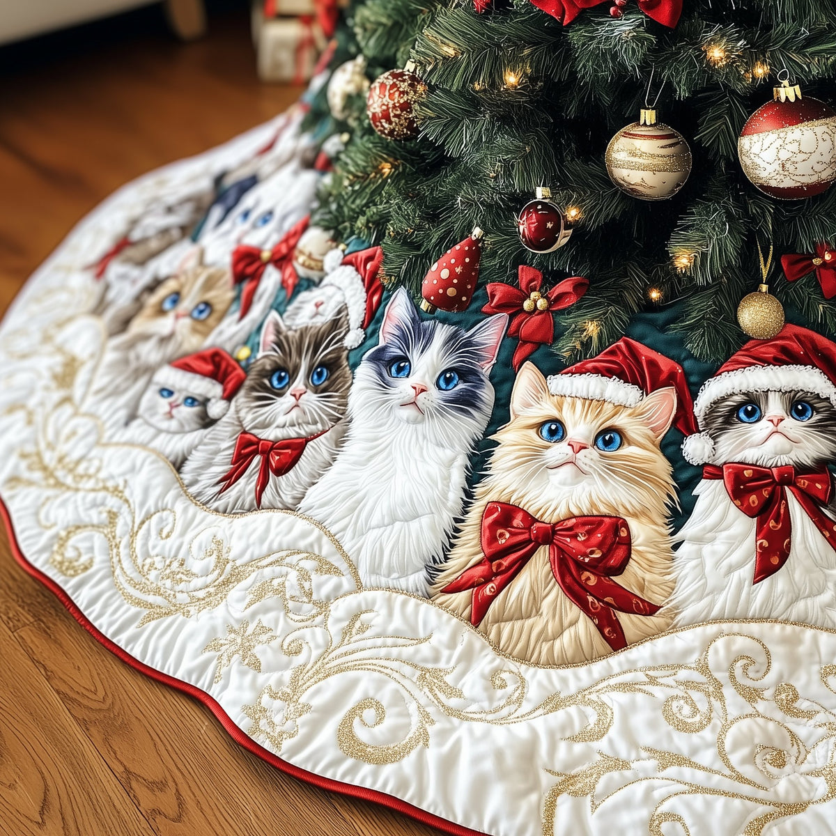 Cats in Red Bows on Snow White Christmas Tree Skirt