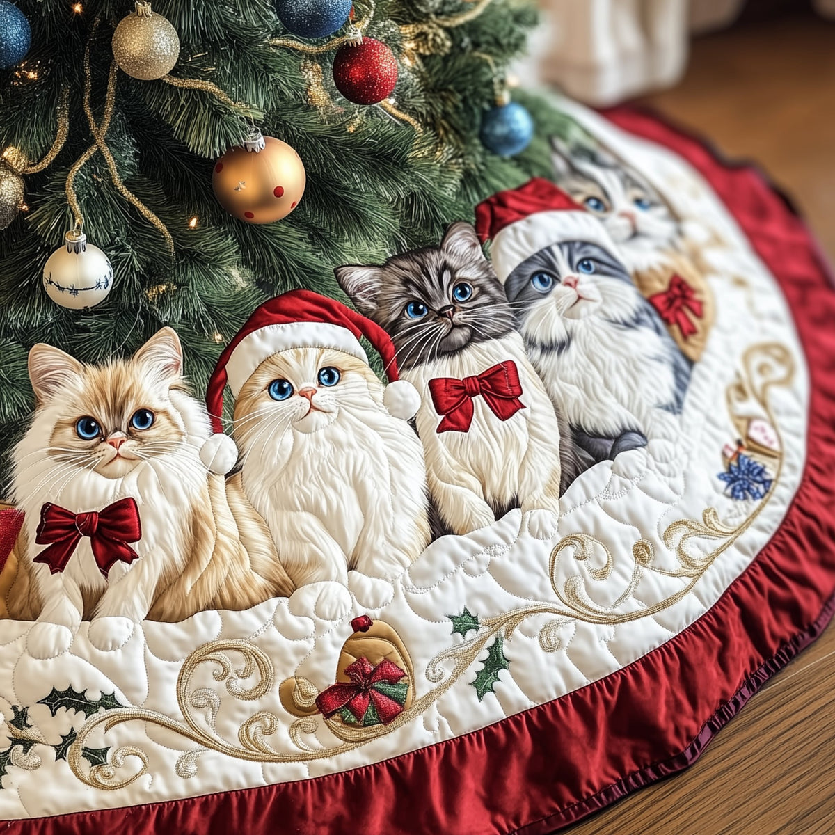 Santa Hat Kittens on Ivory Christmas Tree Skirt