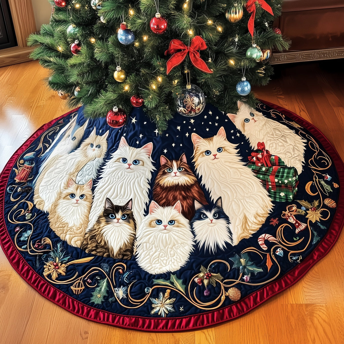 White Cats on the Midnight Ring Christmas Tree Skirt