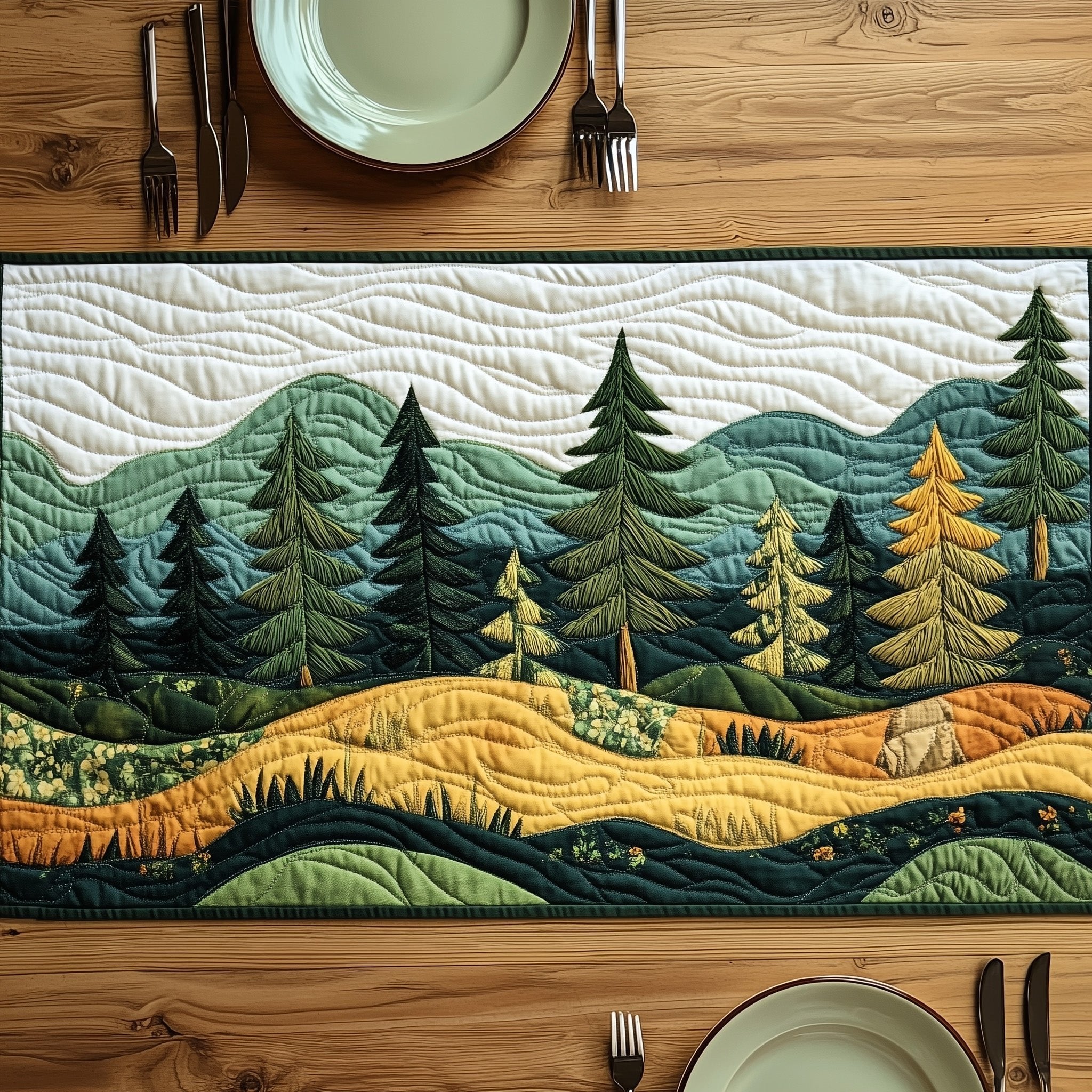 Rolling Green Hills with Pines Table Runner