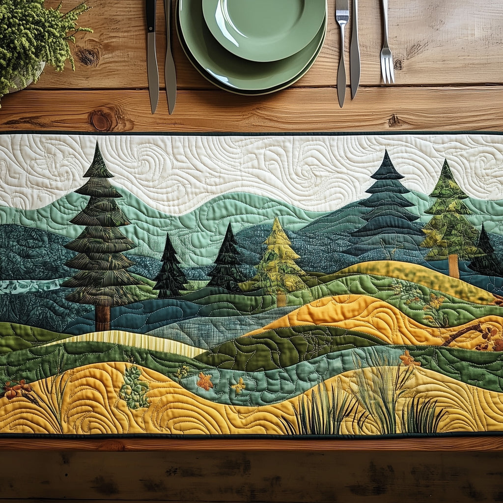 Teal Mountains Above Yellow Fields Table Runner