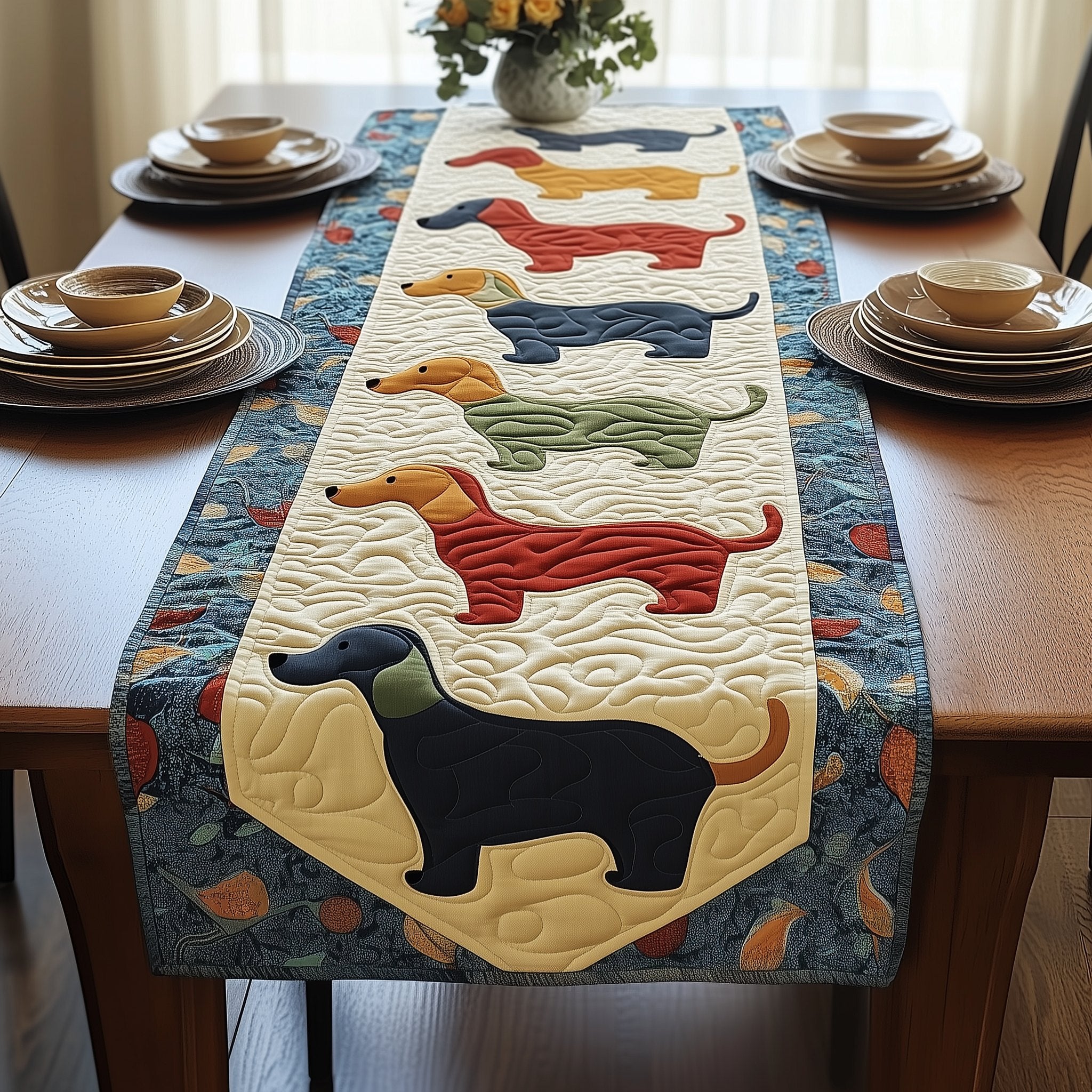 Dachshunds on Blue and Cream Table Runner