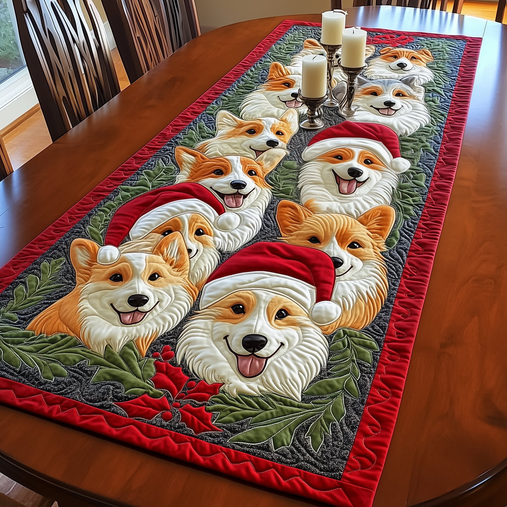 Corgi Faces in Red Santa Hats Table Runner