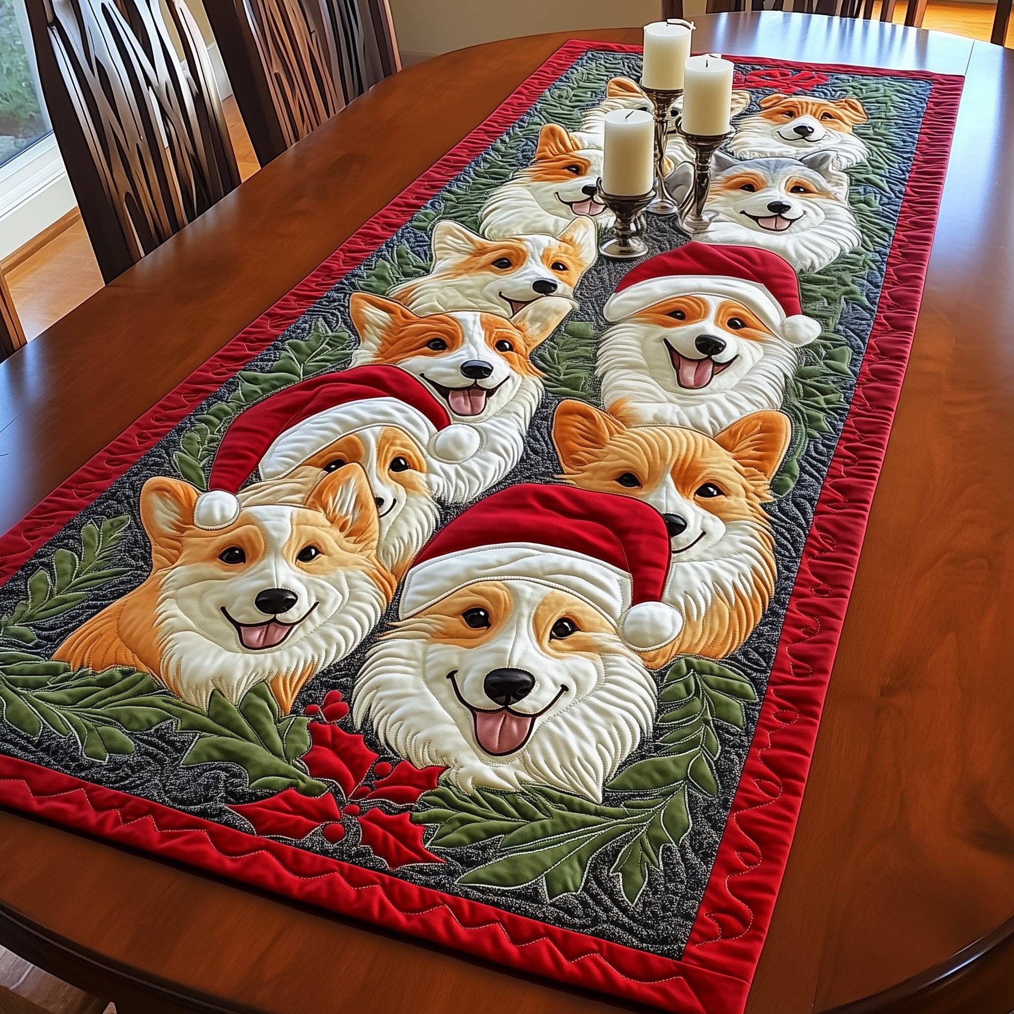 Corgi Faces in Red Santa Hats Table Runner