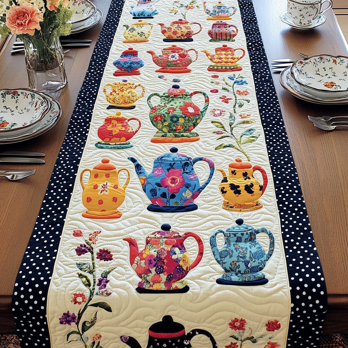 Vintage Teapot Charm Table Runner