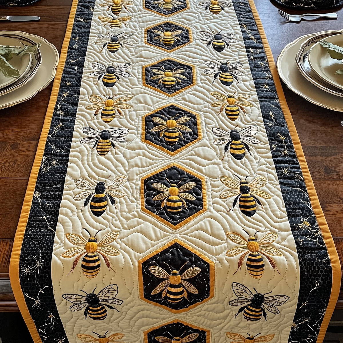 Bees in Dark Hexagon Cells Table Runner