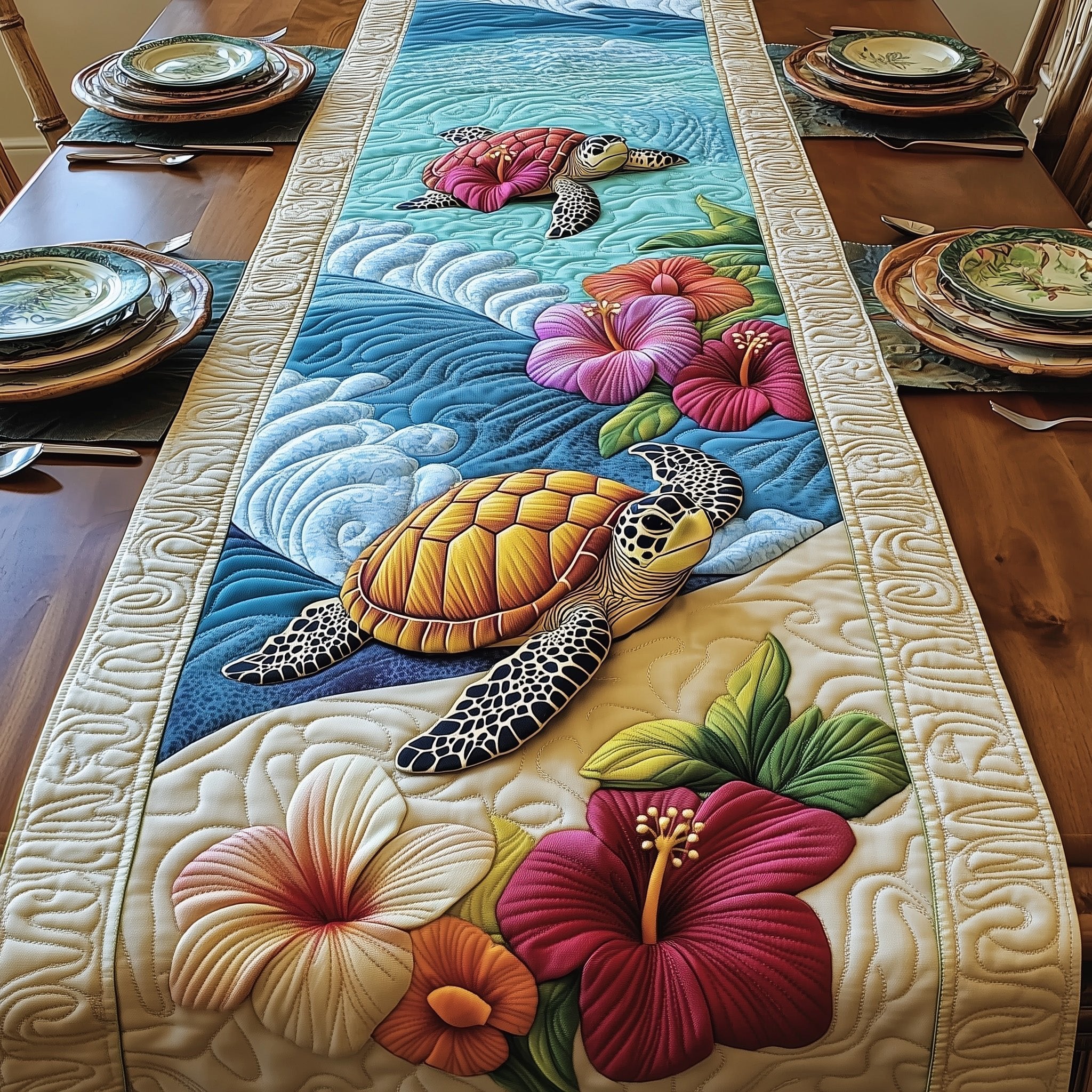 Sea Turtle Among Hibiscus Blooms Table Runner