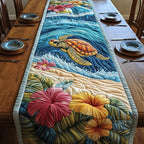 Two Sea Turtles over Tropical Flowers Table Runner
