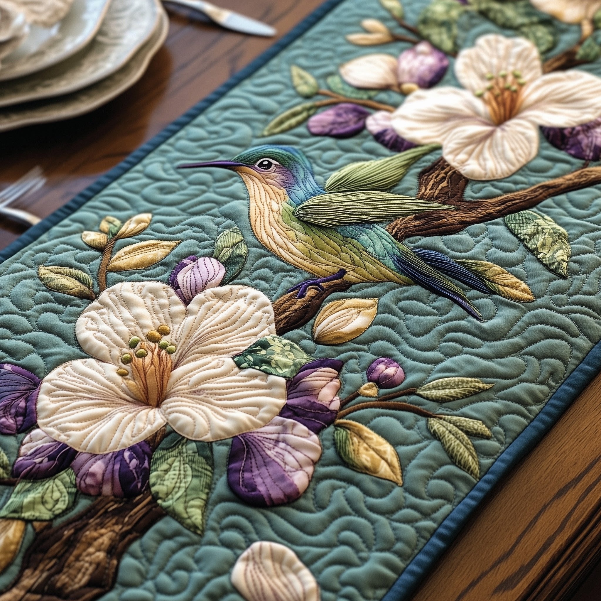 Hummingbird and Pale Flowers on Teal Table Runner