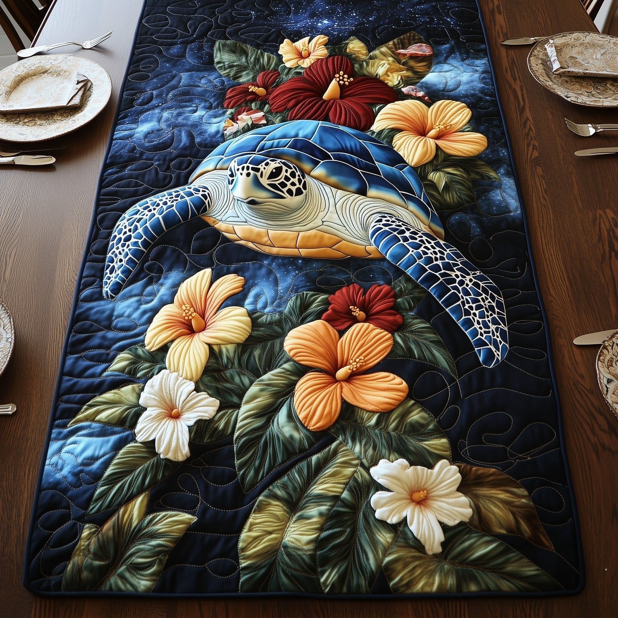 Sea Turtle with Hibiscus on Dark Leaves Table Runner