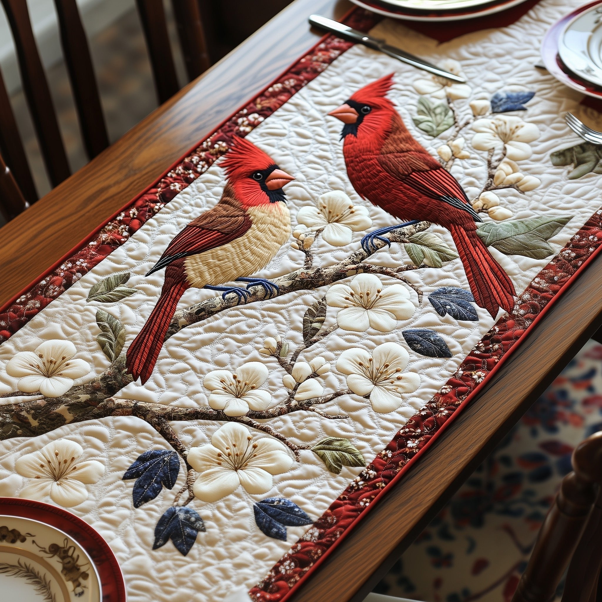 Cardinals on Branch over Cream Table Runner