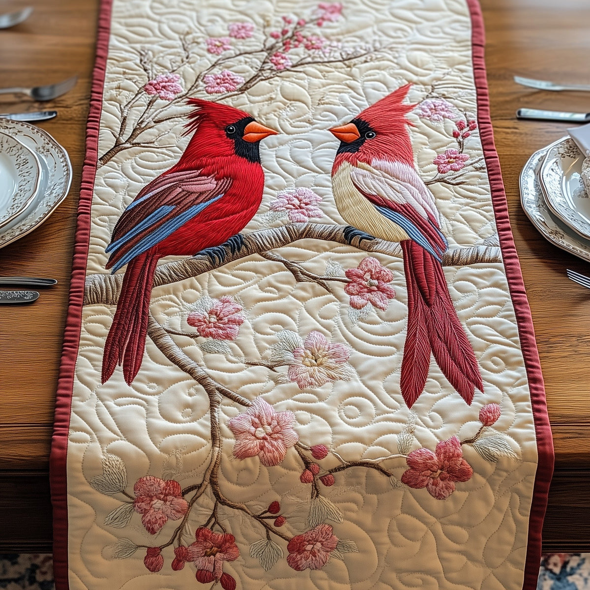 Blossoms and Cardinals Table Runner