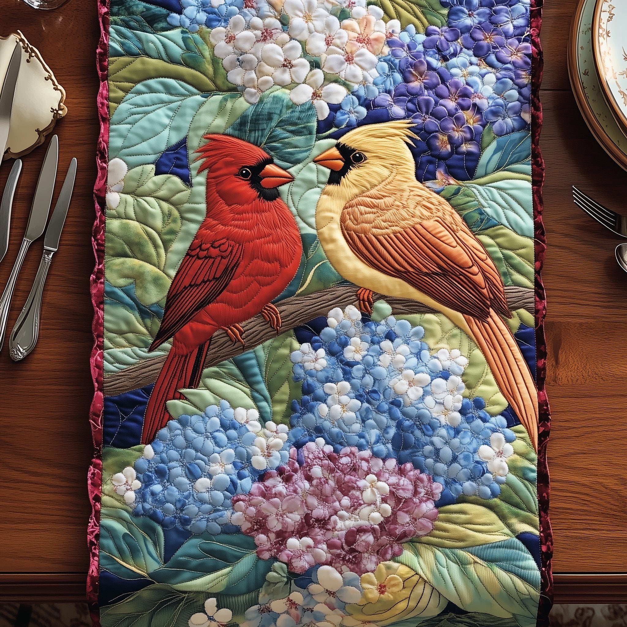 Cardinals with Blue Hydrangeas Table Runner