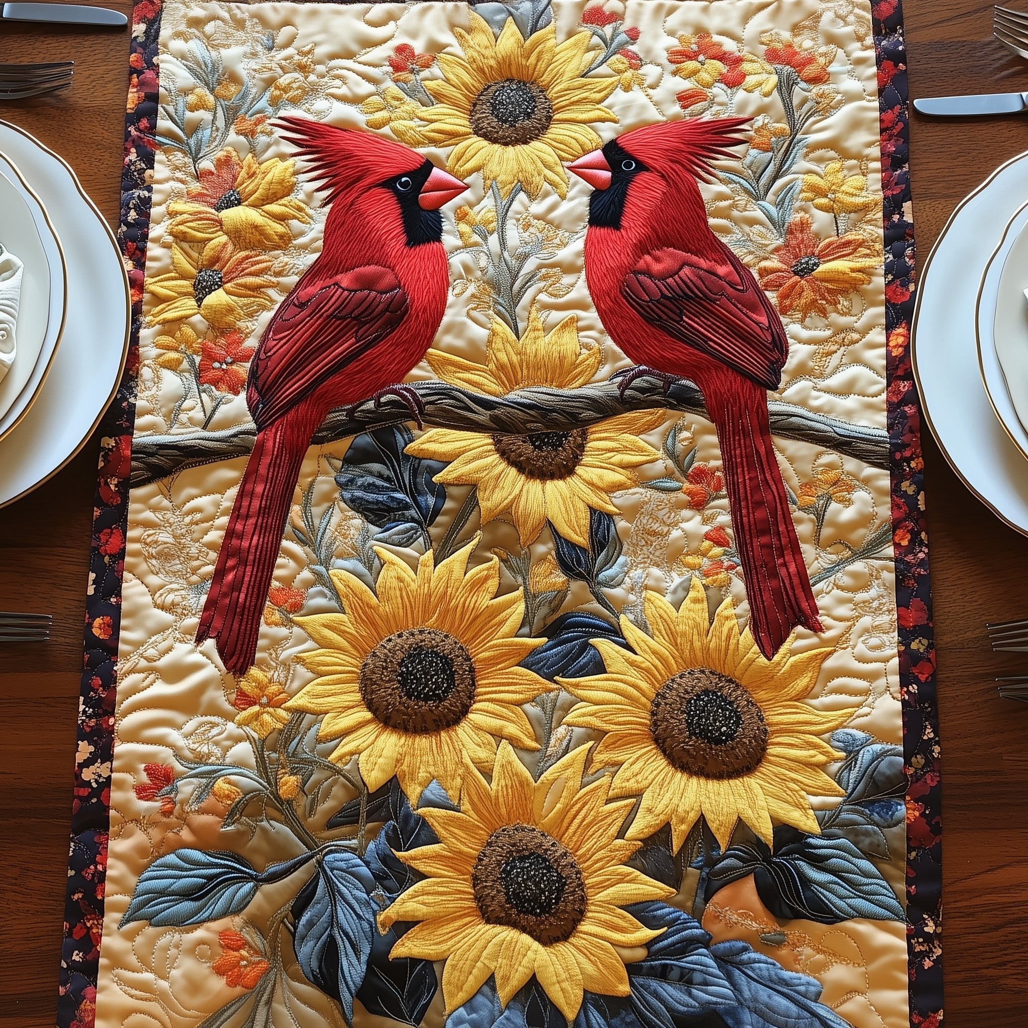 Cardinals Among Golden Sunflowers Table Runner