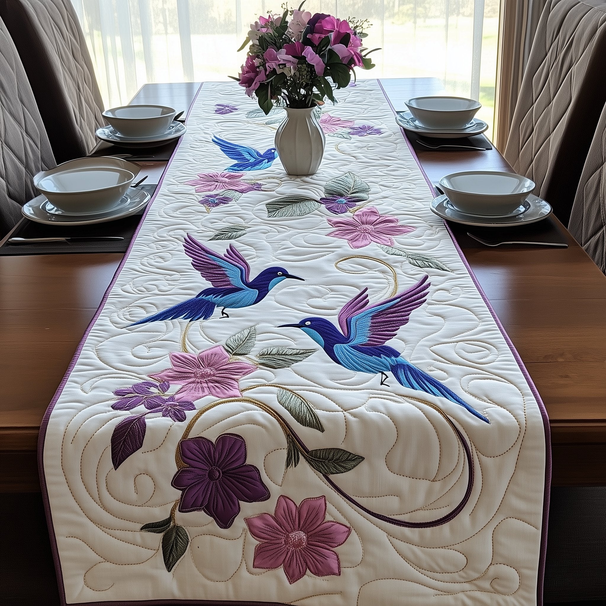 Bluebirds with Pink Flowers on Cream Table Runner