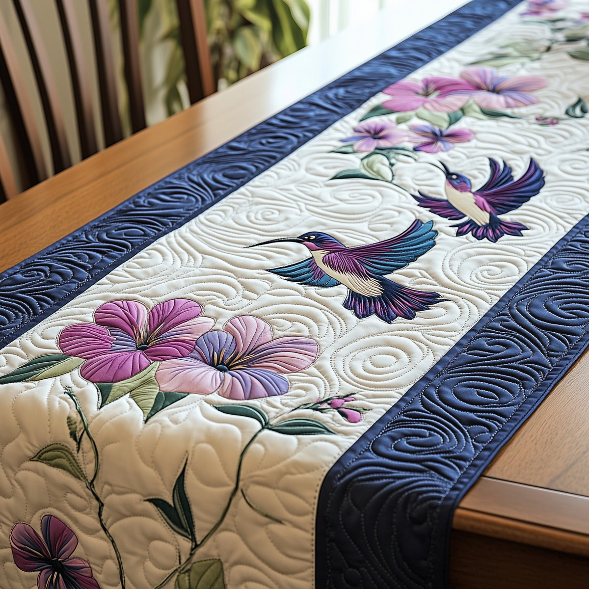 Hummingbird with Pink Blooms and Navy Border Table Runner