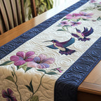 Hummingbird with Pink Blooms and Navy Border Table Runner