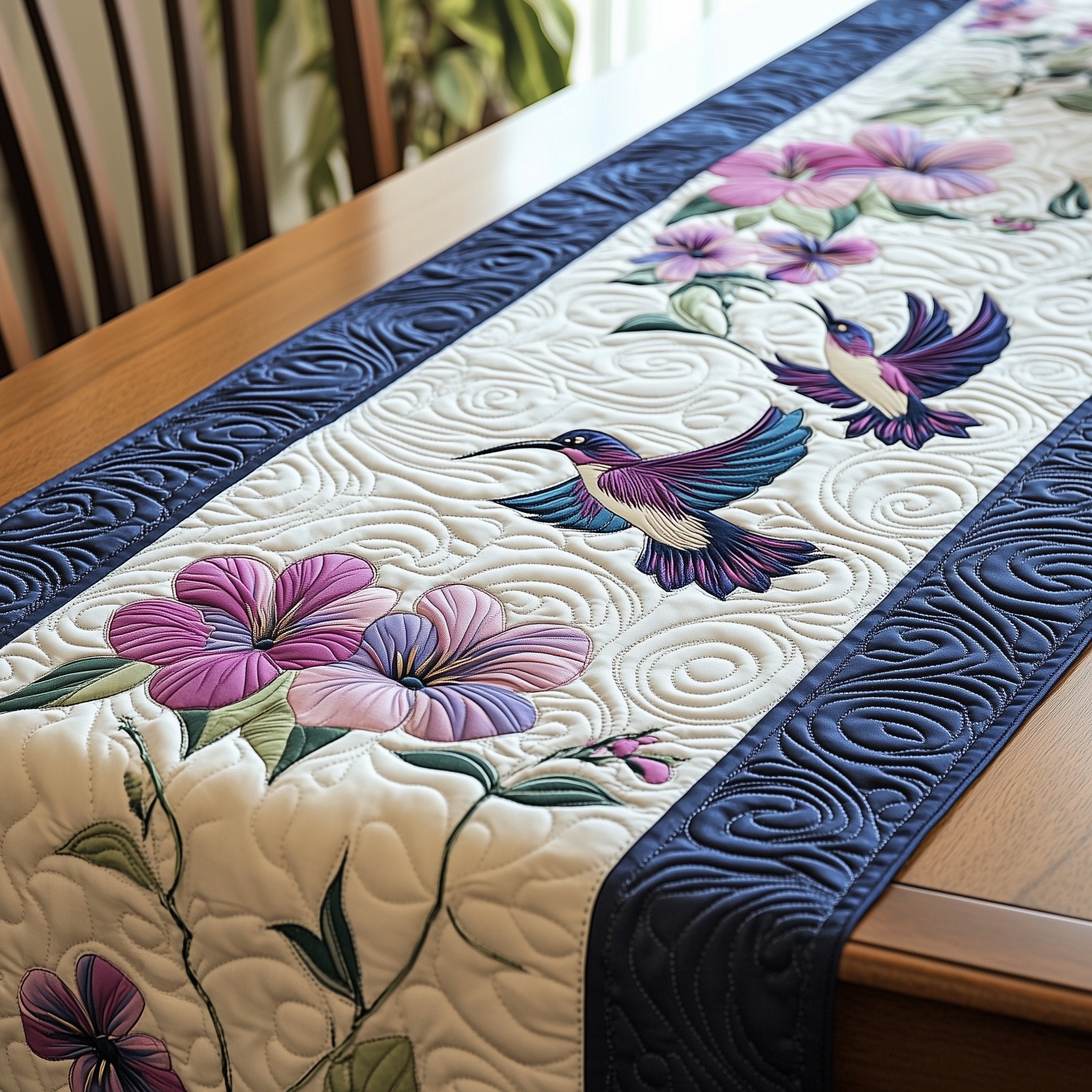 Hummingbird with Pink Blooms and Navy Border Table Runner