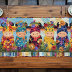 Row of Folk Cows with Flowers Table Runner