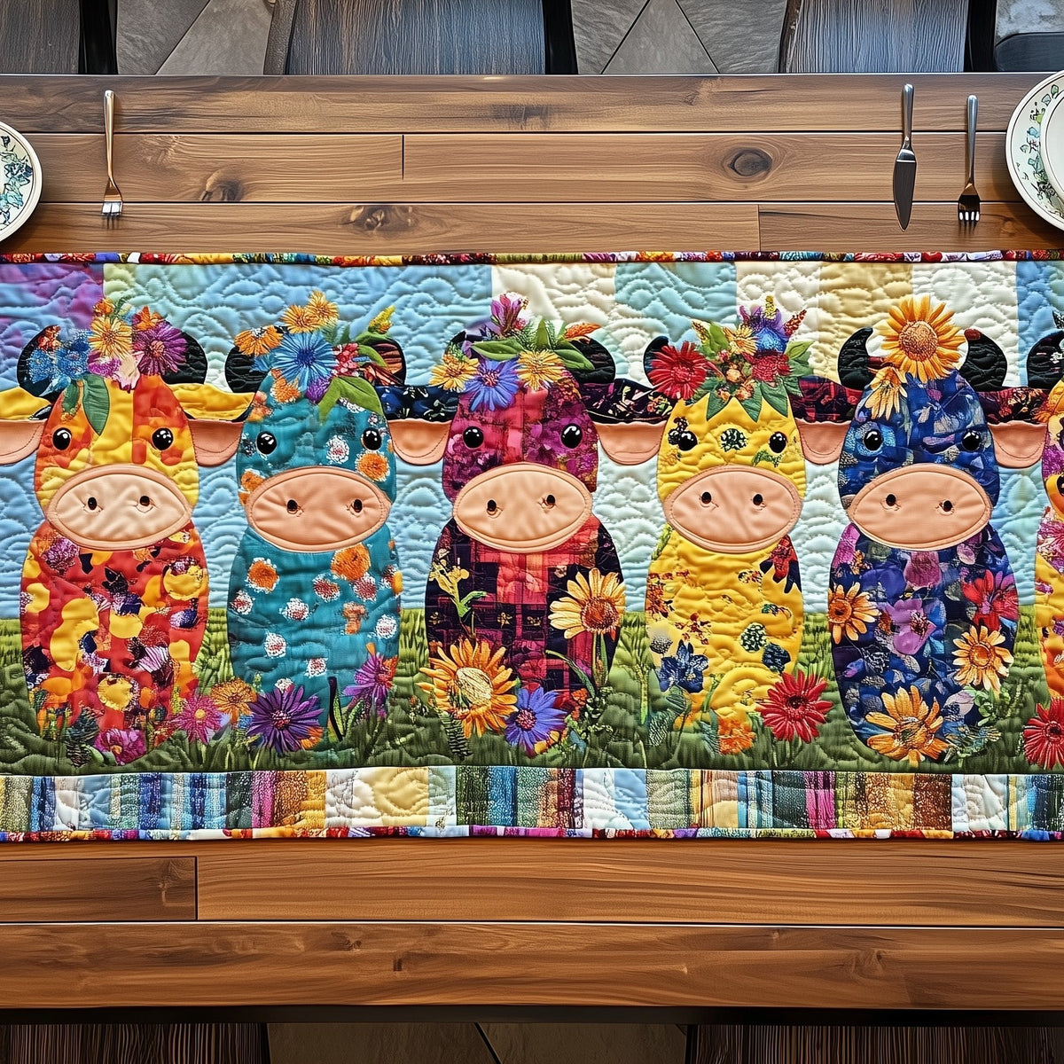 Row of Folk Cows with Flowers Table Runner