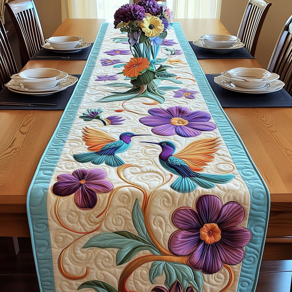 Hummingbirds with Purple Flowers on Teal Table Runner
