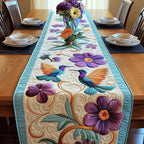 Hummingbirds with Purple Flowers on Teal Table Runner