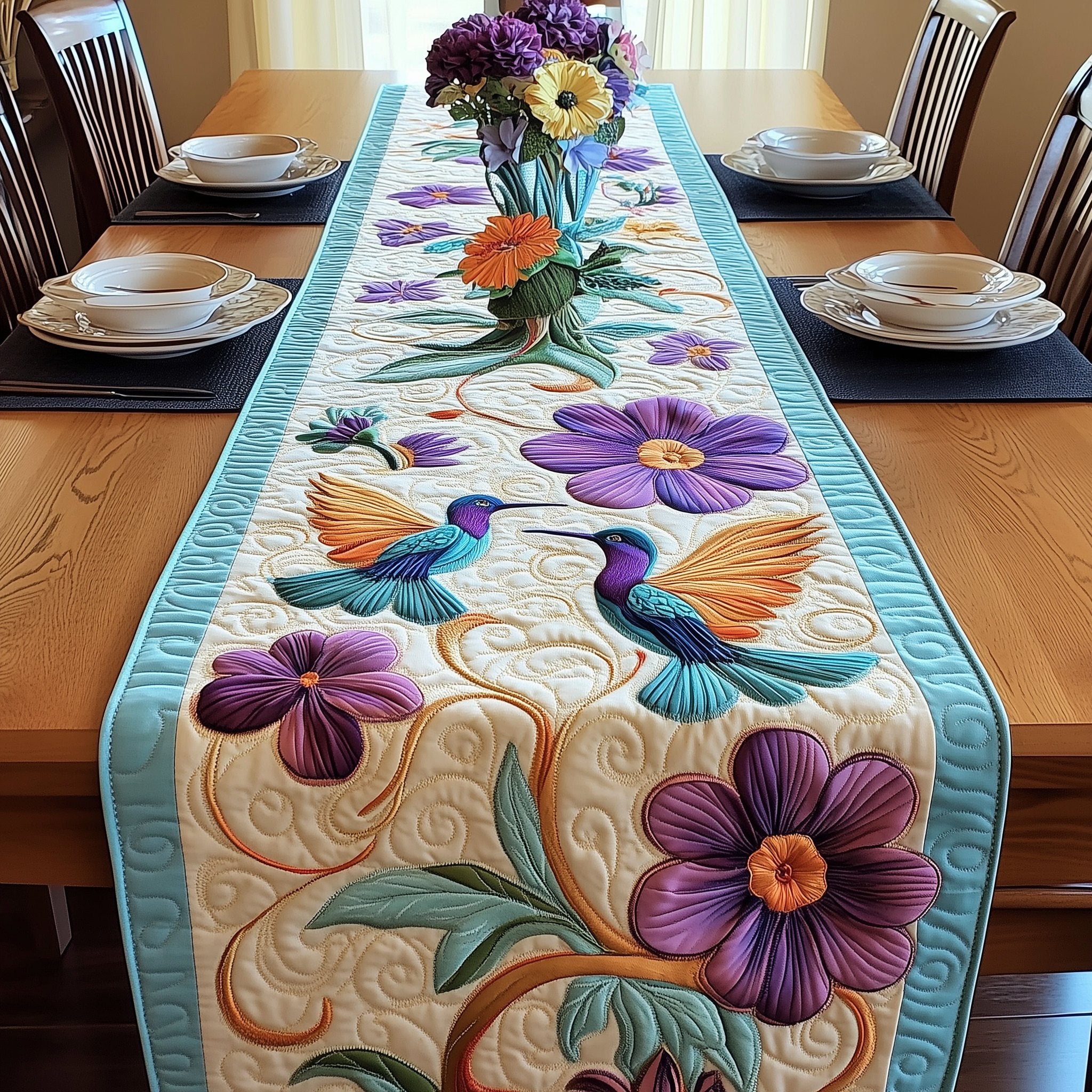 Hummingbirds with Purple Flowers on Teal Table Runner