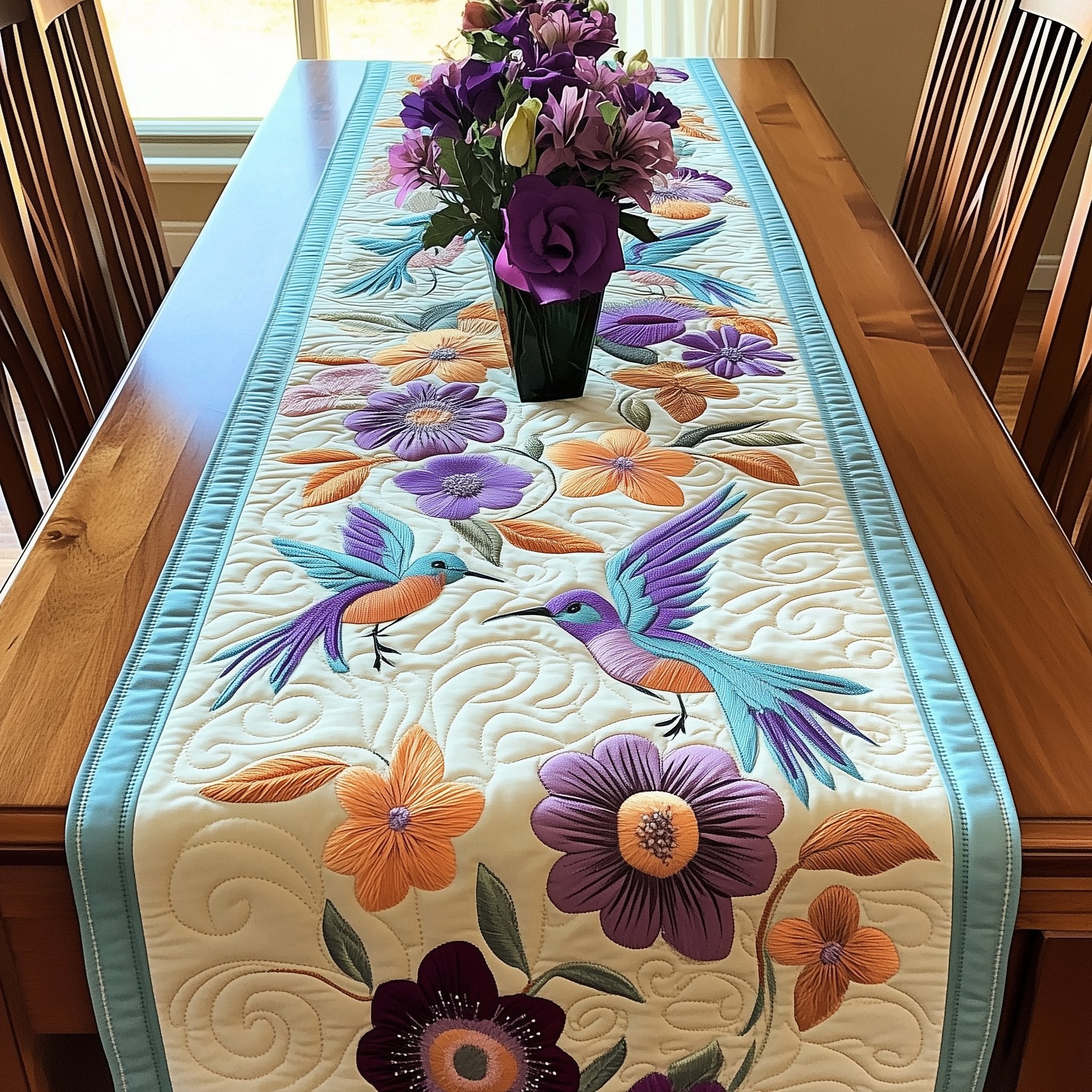 Hummingbirds with Purple and Orange Blooms Table Runner