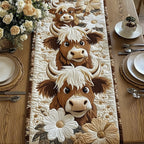 Highland Cows with White Daisies Table Runner