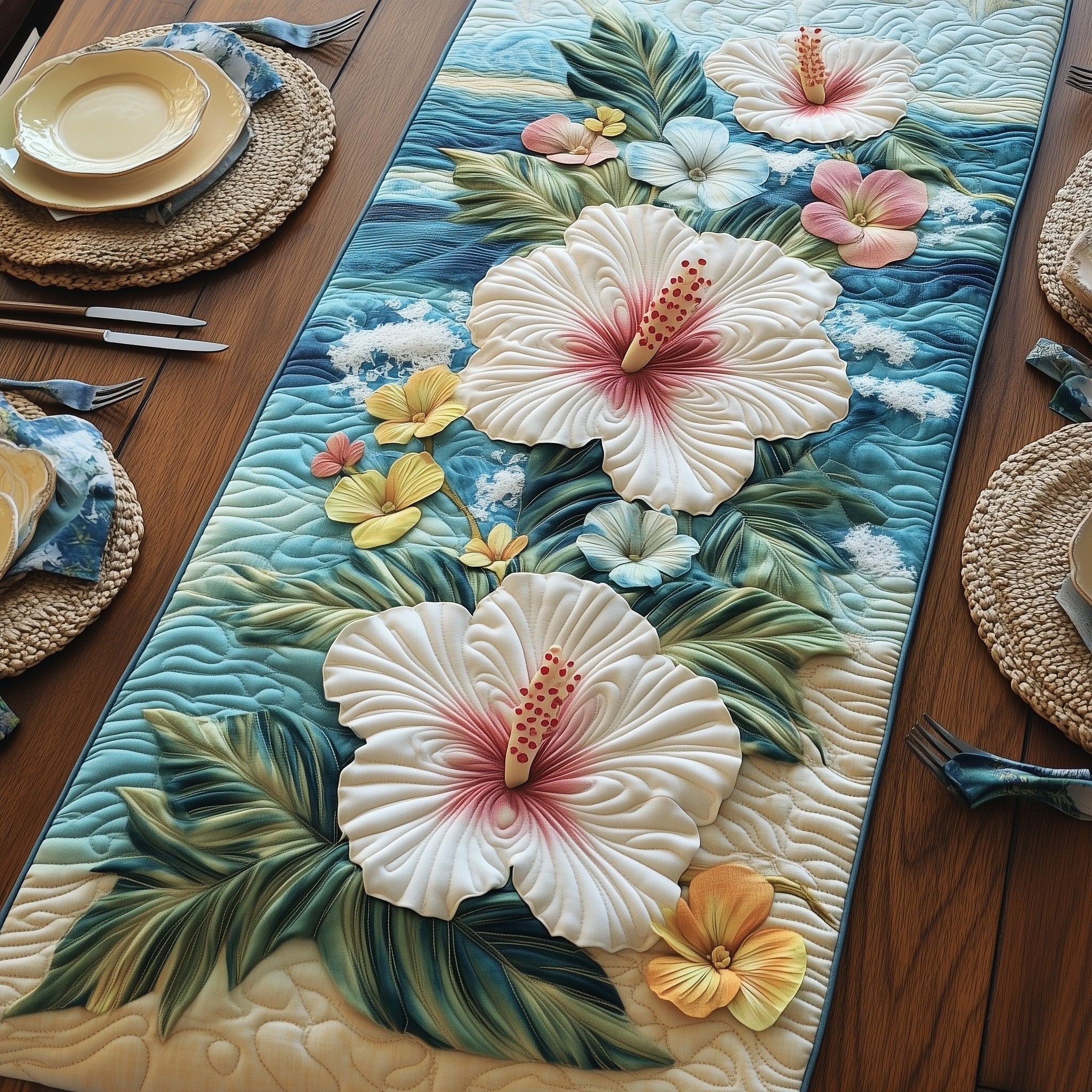 Coastal Hibiscus Paradise Table Runner