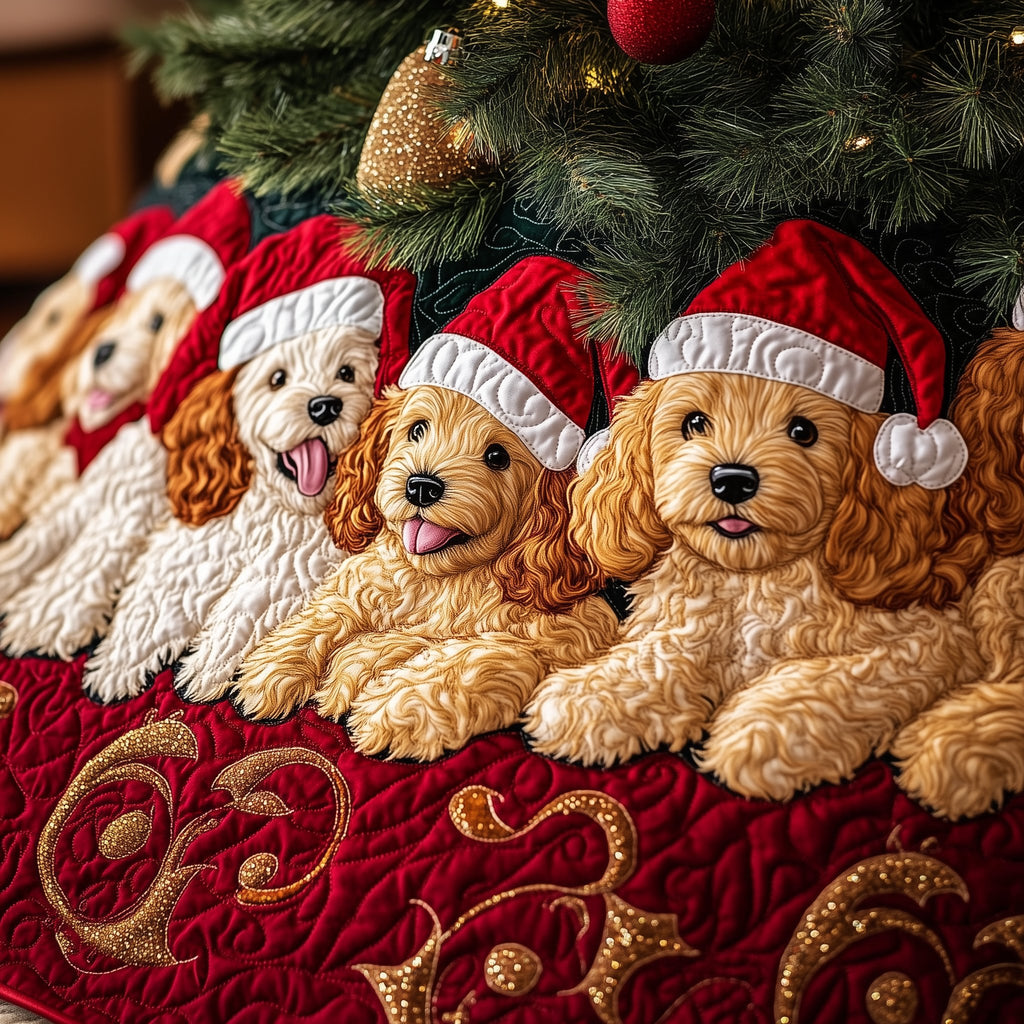 Doodle Pups in Santa Hats on Red Christmas Tree Skirt