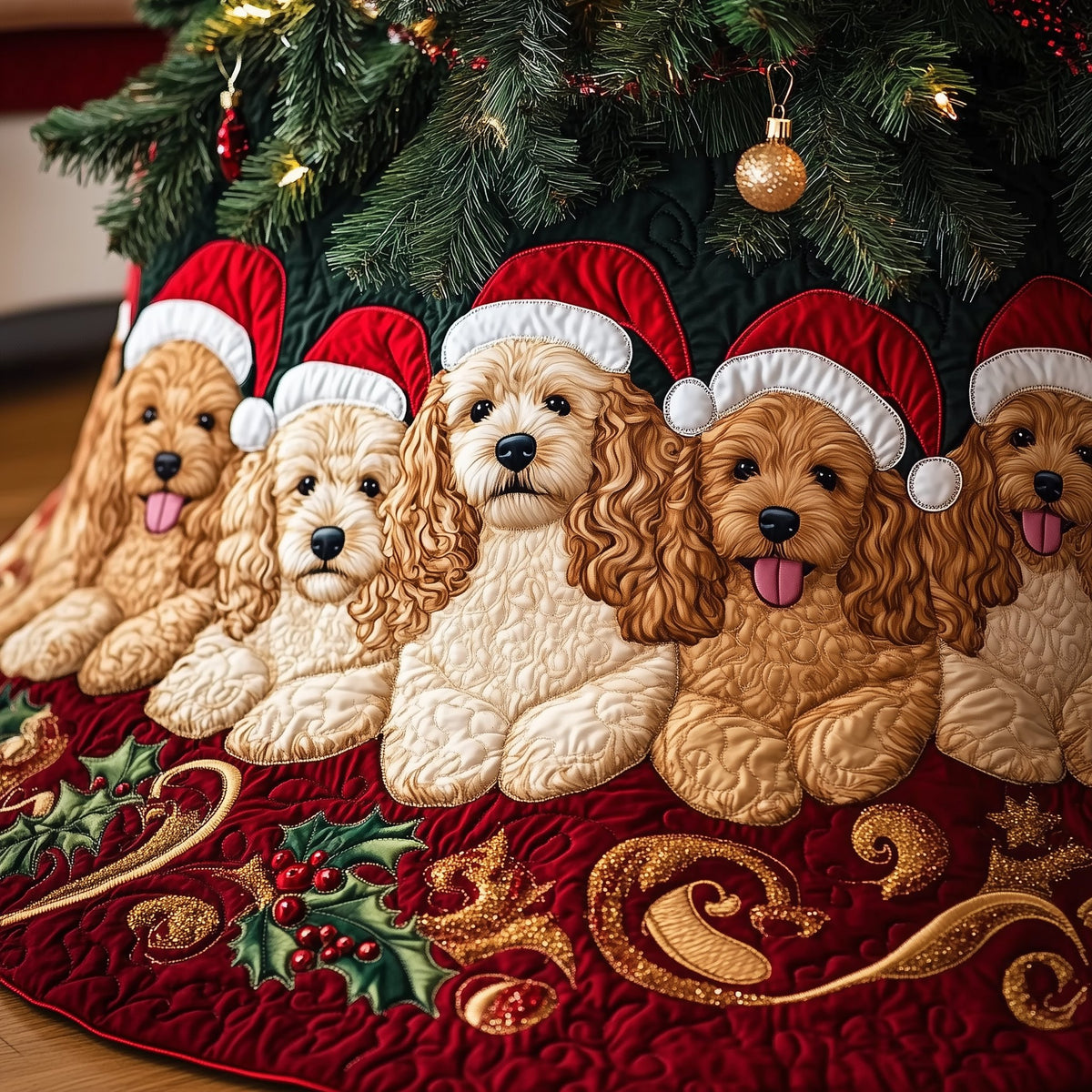 Cockapoo Row on Crimson Gold Christmas Tree Skirt
