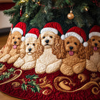Cockapoo Row on Crimson Gold Christmas Tree Skirt