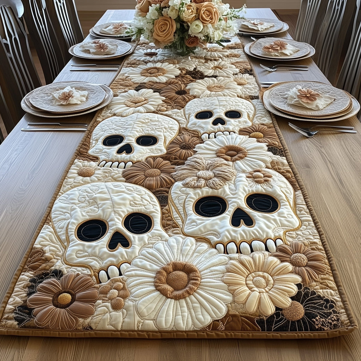 Cream Skulls with Sunflowers Table Runner