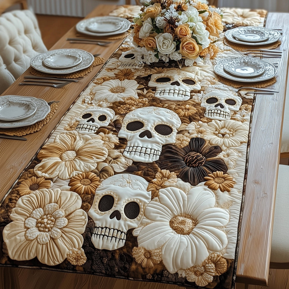 Skulls Among Ivory Blossoms Table Runner