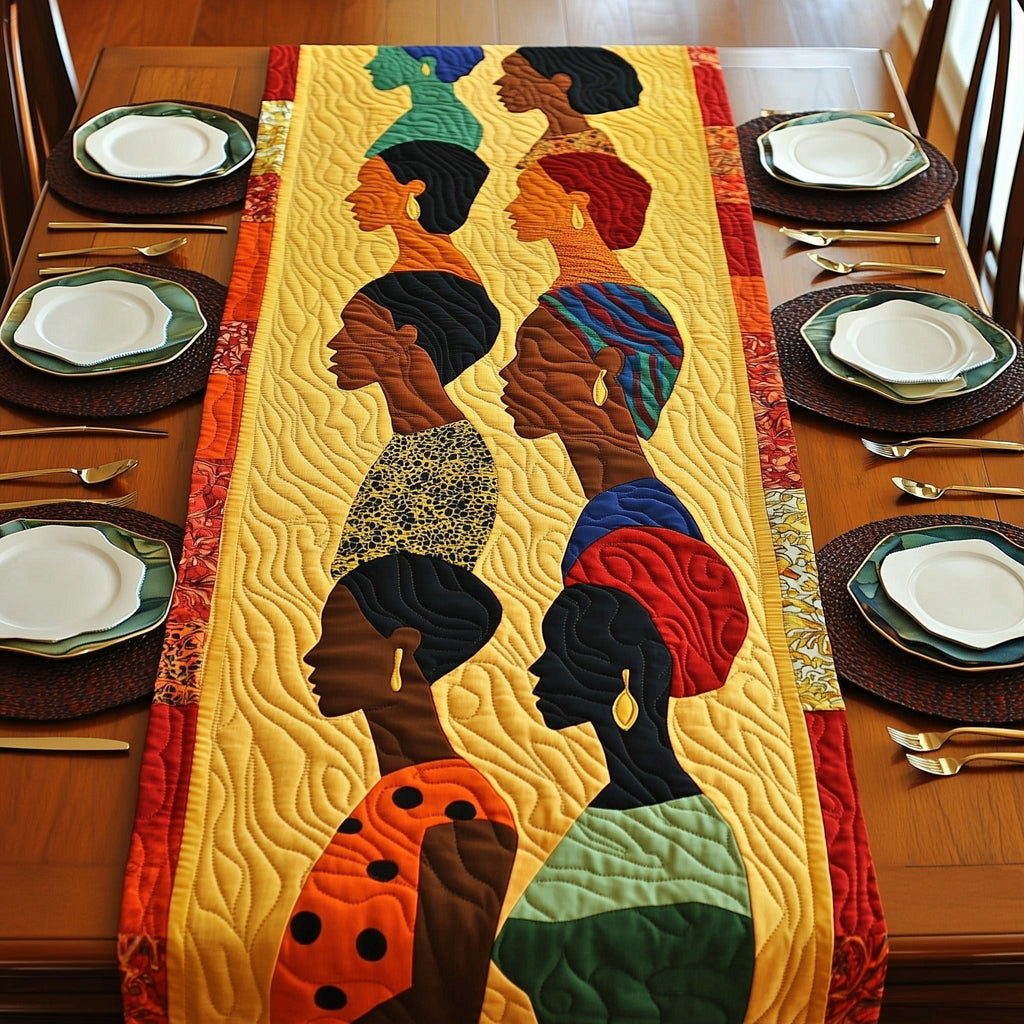 Two Women in Profile on Gold Table Runner