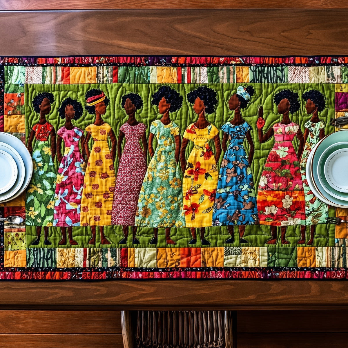 Women in Bright Dresses with Green Border Table Runner
