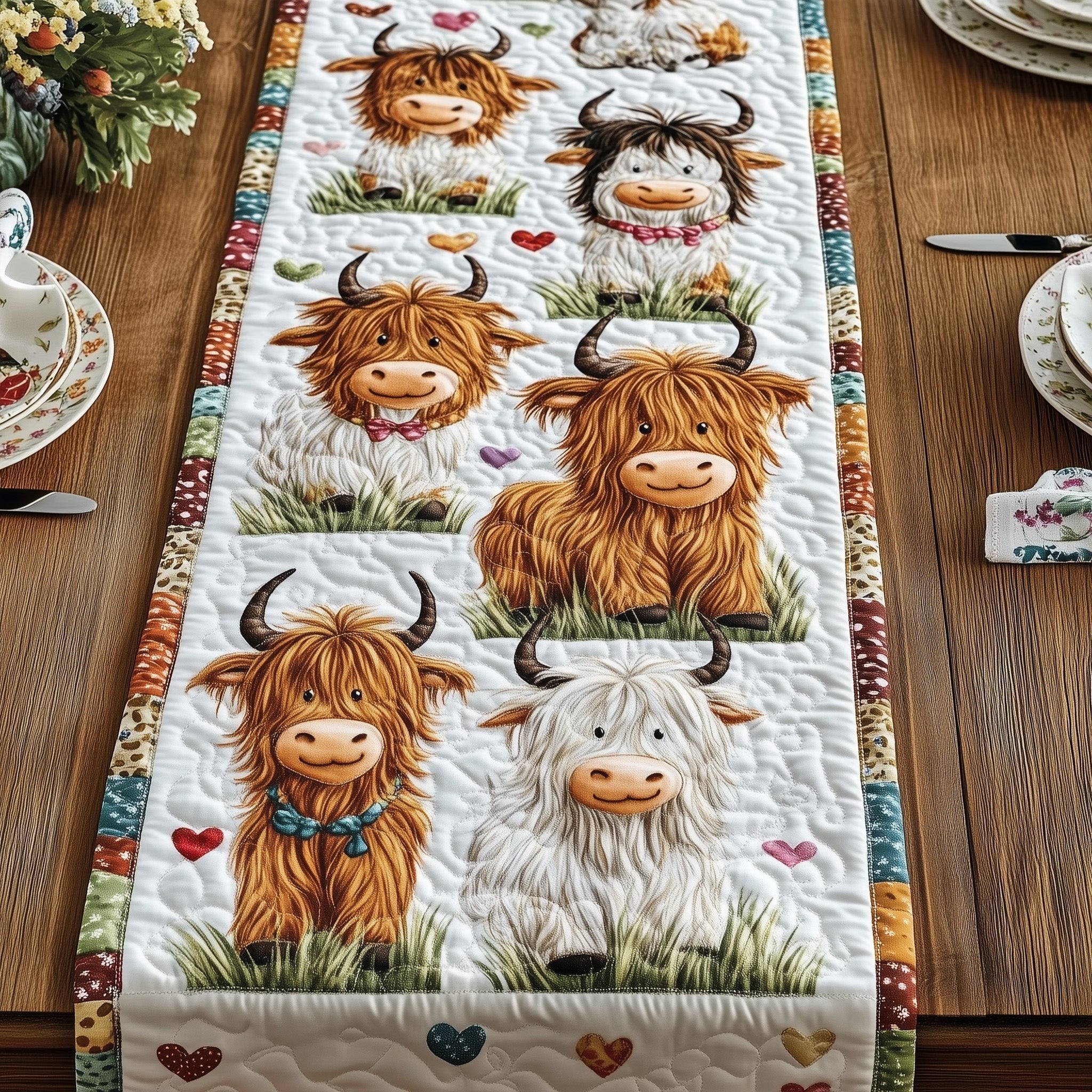 Highland Calves on White with Hearts Table Runner