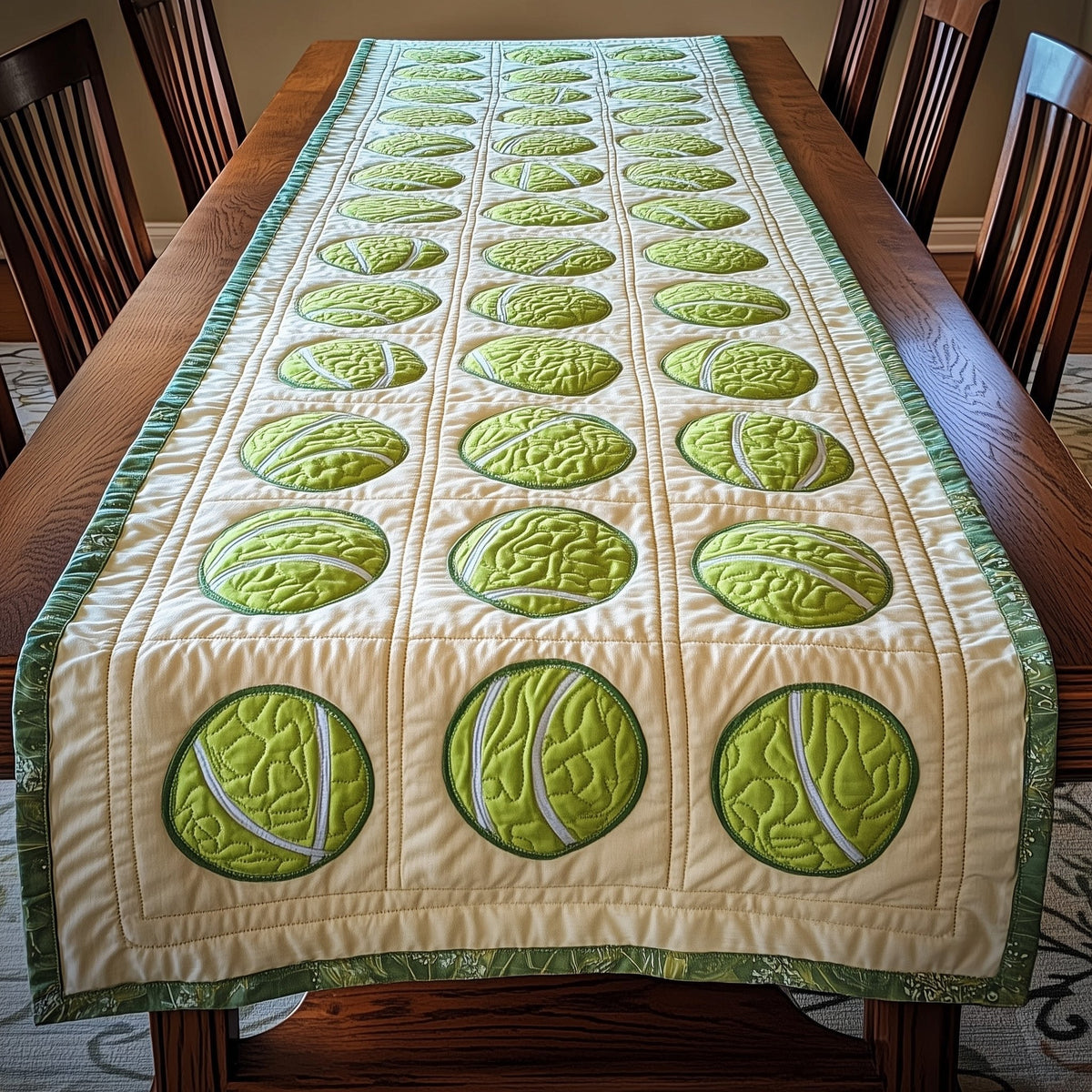 Rows of Tennis Balls on Ivory Table Runner