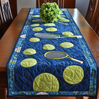Tennis Balls and Racket on Blue Table Runner
