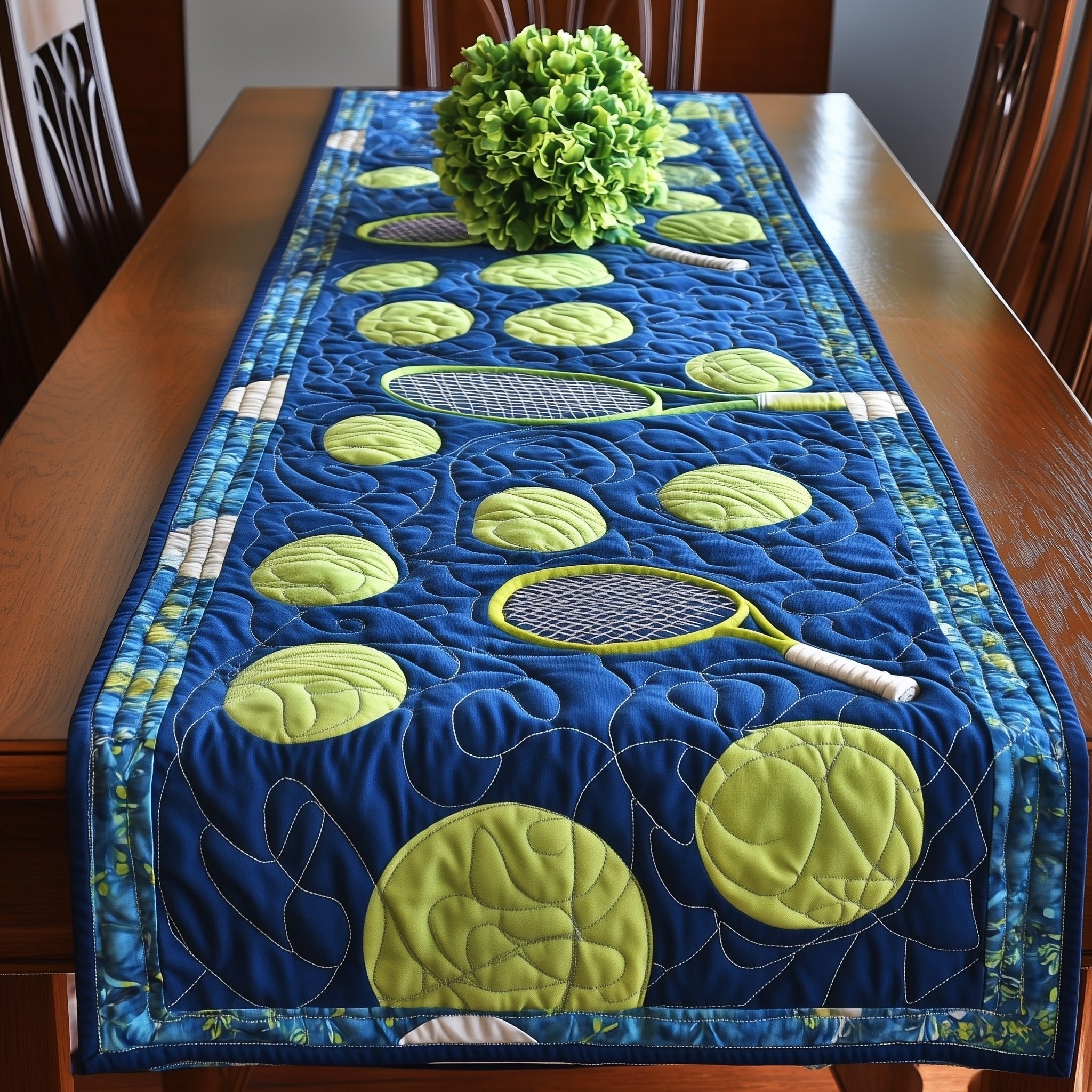 Tennis Balls and Racket on Blue Table Runner