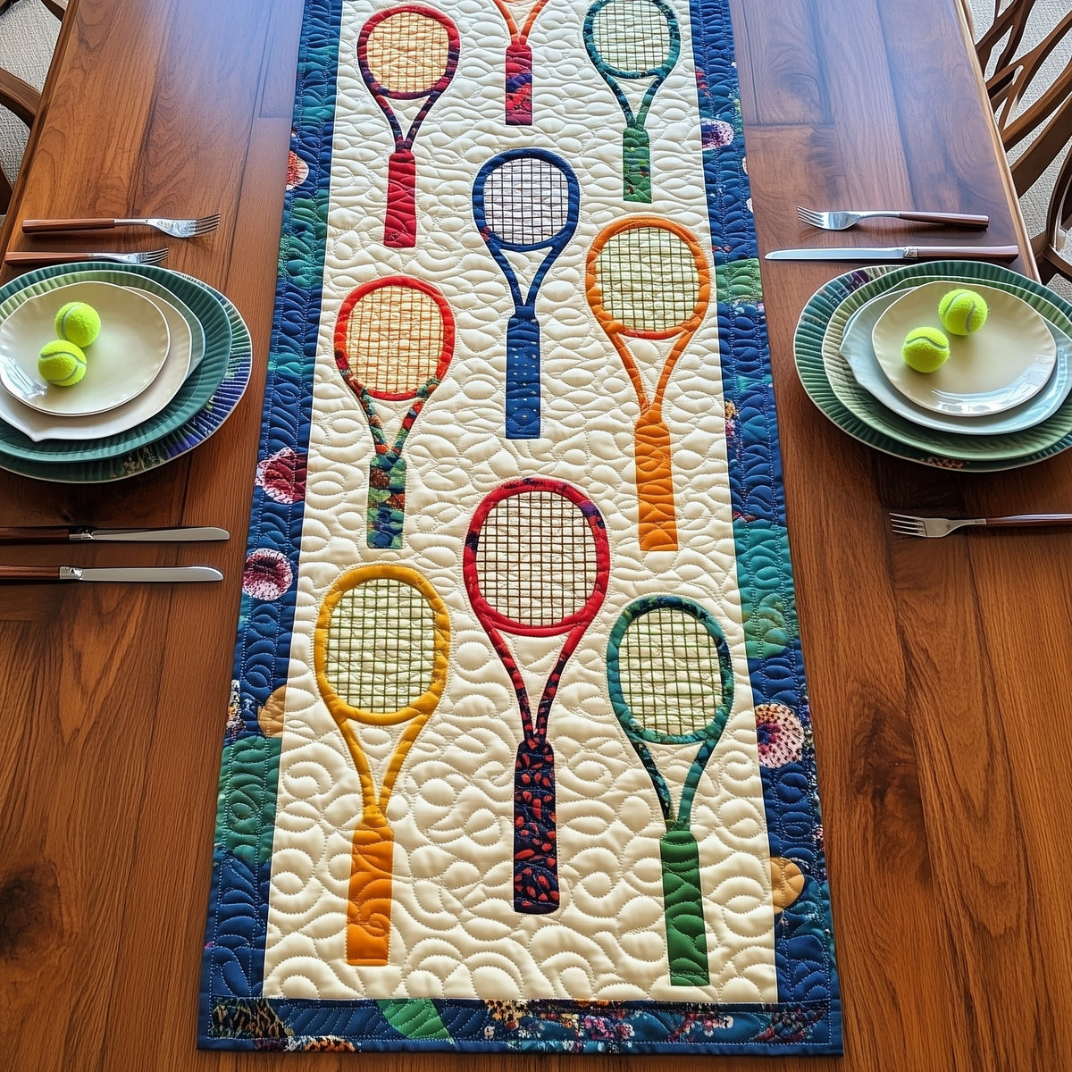 Colorful Tennis Rackets on Cream Table Runner