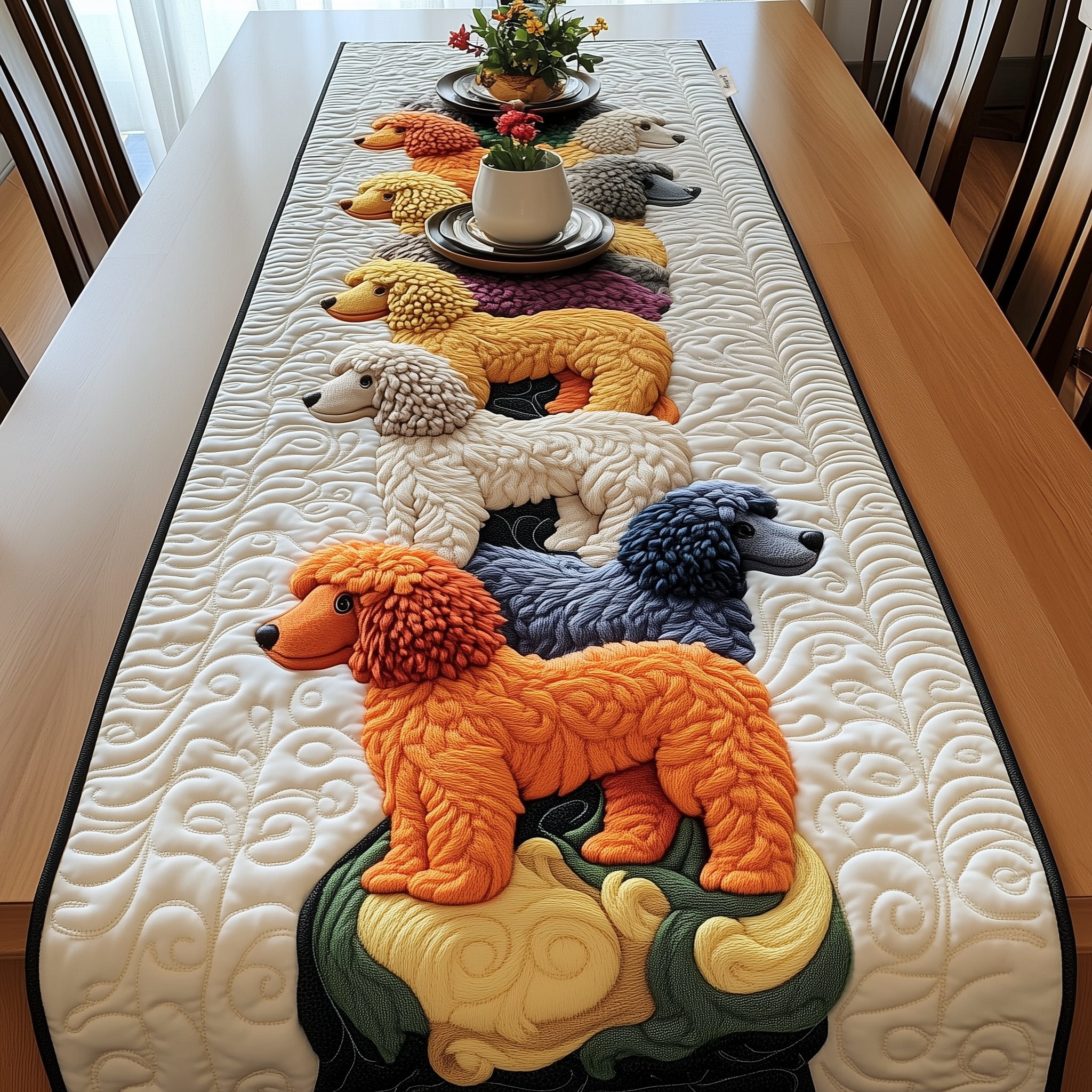 Poodles on Quilted Cream Table Runner