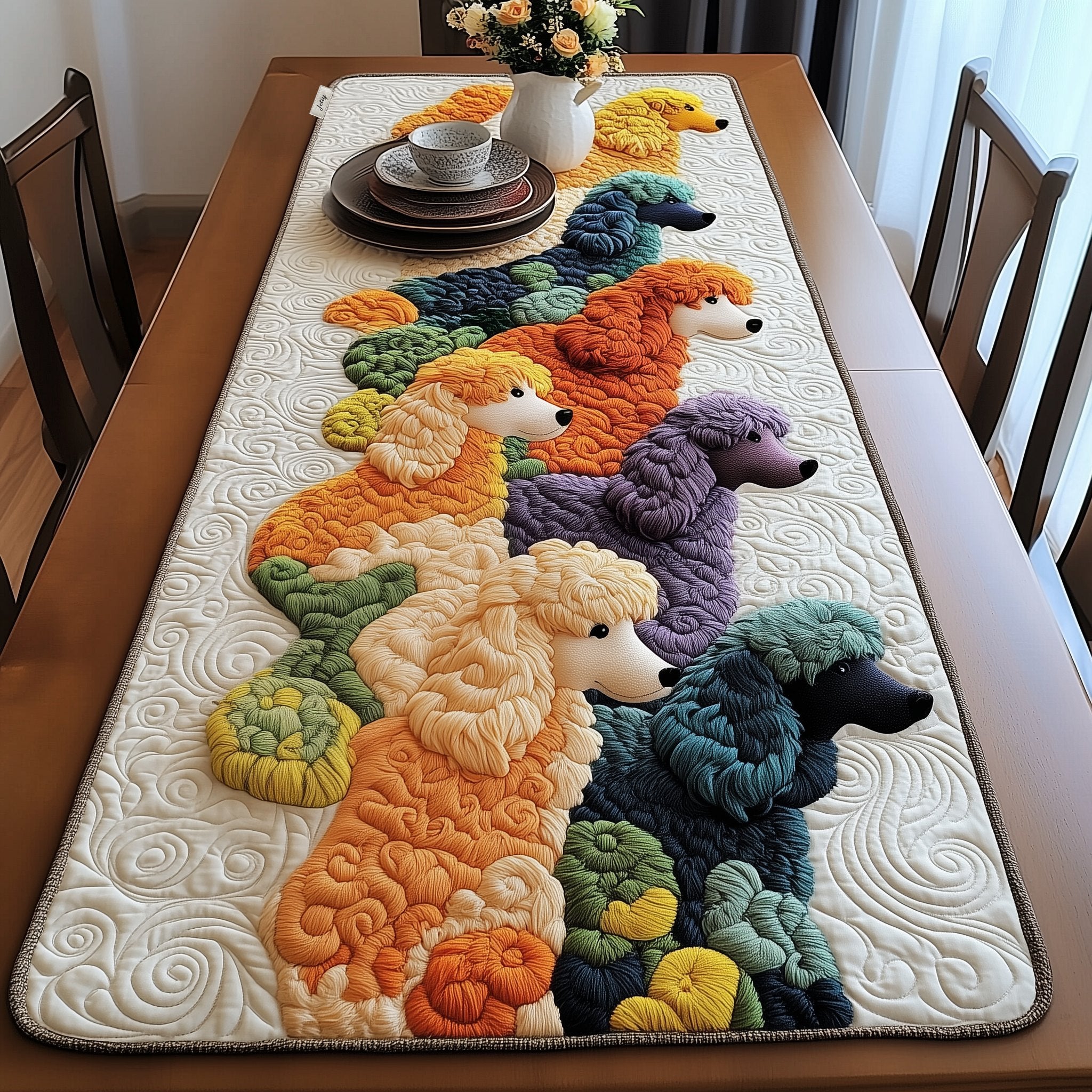 Poodles in Orange Green and Purple Table Runner