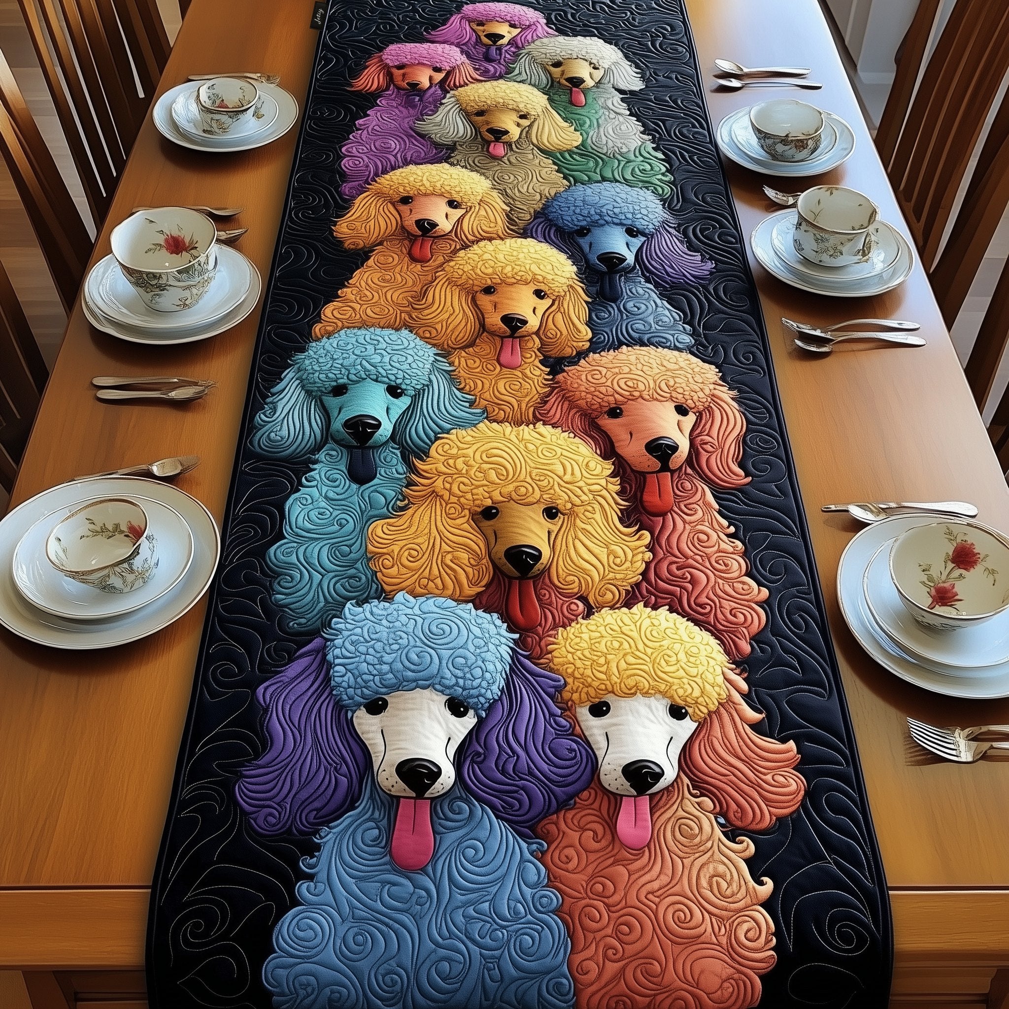 Blue and Orange Poodles on Black Table Runner