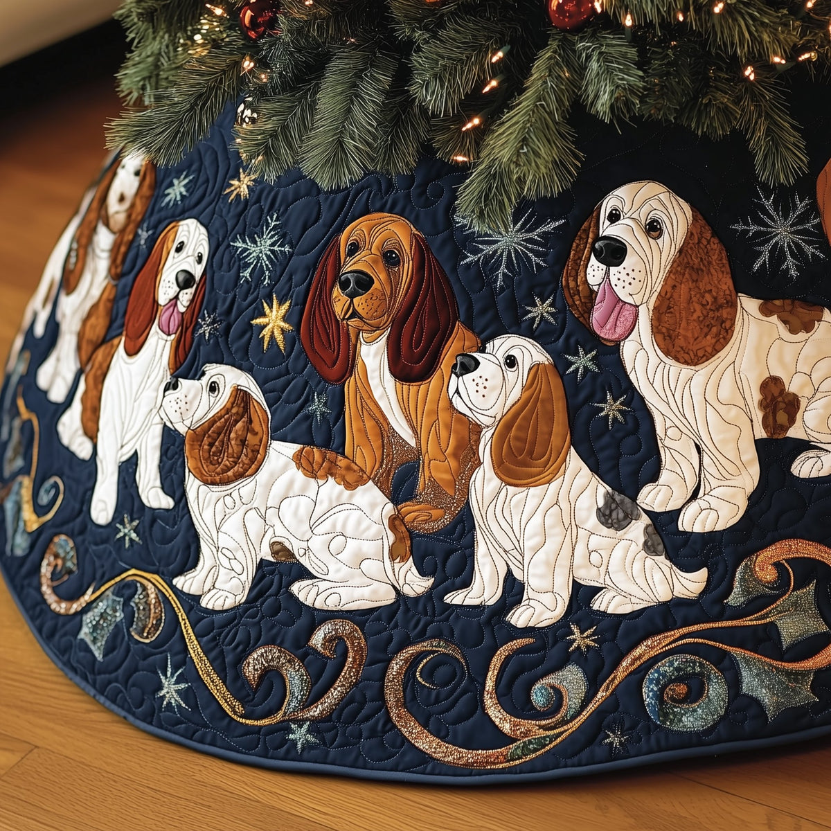 Basset Hounds on Navy with Gold Swirls Christmas Tree Skirt