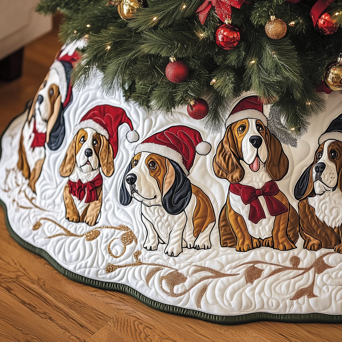 Basset Hounds in Santa Hats on White Christmas Tree Skirt